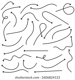  Hand drawn arrows icons vector design. Swirls arrows doodle lines icon set, Hand-drawn line arrows set. Vector curvy, wavy and straight arrows isolated on white background, Doodle style arrow vector