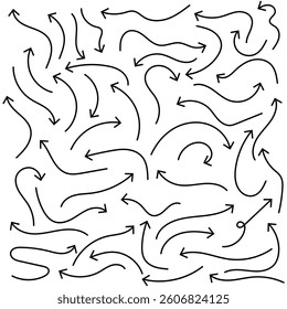  Hand drawn arrows icons vector design. Swirls arrows doodle lines icon set, Hand-drawn line arrows set. Vector curvy, wavy and straight arrows isolated on white background, Doodle style arrow vector