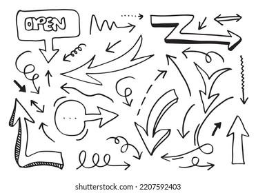 flechas dibujadas a mano aisladas en fondo blanco. Ilustración vectorial.