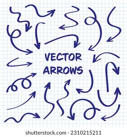 Hand drawn arrows on checkered paper sheet. School notebook for drawing. Doodle arrow icon, simple monochrome pointer silhouettes. Outline, line art. Vector illustration