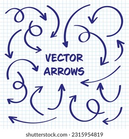 Hand drawn arrows on checkered paper sheet. School notebook for drawing. Doodle arrow icon, simple monochrome pointer silhouettes. Outline, line art. Vector illustration