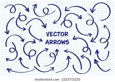 Hand drawn arrows on checkered paper sheet. School notebook for drawing. Doodle arrow icon, simple monochrome pointer silhouettes. Outline, line art. Vector illustration