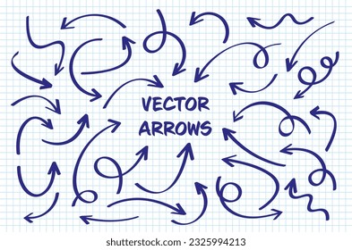 Hand drawn arrows on checkered paper sheet. School notebook for drawing. Doodle arrow icon, simple monochrome pointer silhouettes. Outline, line art. Vector illustration
