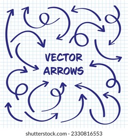 Hand drawn arrows on checkered paper sheet. School notebook for drawing. Doodle arrow icon, simple monochrome pointer silhouettes. Outline, line art. Vector illustration