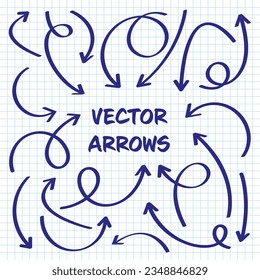 Hand drawn arrows on checkered paper sheet. School notebook for drawing. Doodle arrow icon, simple monochrome pointer silhouettes. Outline, line art. Vector illustration
