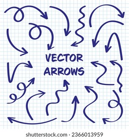 Hand drawn arrows on checkered paper sheet. School notebook for drawing. Doodle arrow icon, simple monochrome pointer silhouettes. Outline, line art. Vector illustration