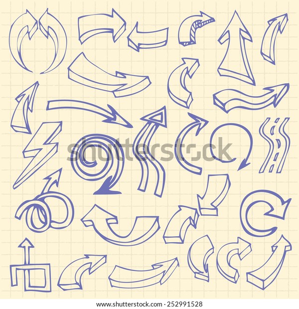 Hand drawn arrows on squared\
notebook page background icons set of doodle vector\
illustration