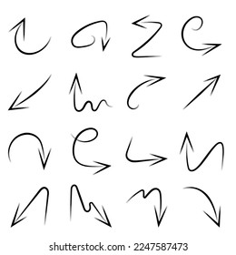 flechas dibujadas a mano sobre fondo blanco, iconos de vectores de flecha dibujada a mano. diseño de flecha de esbozo para plan de negocios y educación
