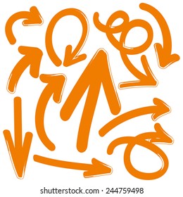 Hand drawn arrows in orange. Stylish elements for design. Vector illustration.