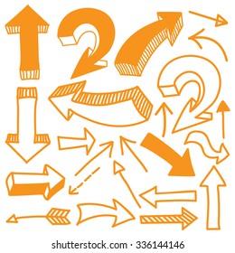 Hand drawn arrows in orange. Stylish elements for design. Vector illustration. 