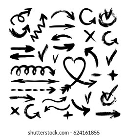 Hand Drawn Arrows with Paint Brush. A collection of black grungy vector abstract hand-painted brush and stroke arrows on isolated background