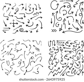 Hand drawn arrows paintbrush sketch of direction curve signs ink pen and pencil isolated abstract black pointers left and right turning symbols vector doodle navigational geometric icons set
