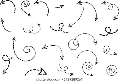 Setas desenhadas à mão apontando em diferentes direções no fundo branco para infográficos vários estilos de seta curva e reta