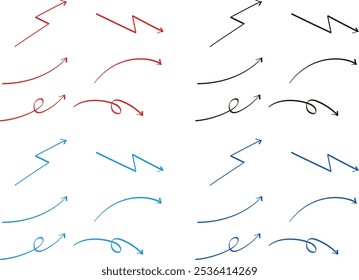 Setas desenhadas à mão, vermelho, preto, azul, azul claro