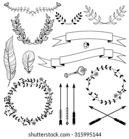 Hand drawn arrows, ribbons, wreaths, twigs with leaves, key and feathers. Floral decorative vector design set. Vintage vector illustration.