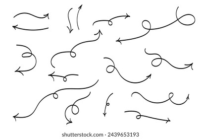 Hand drawn arrows, scribble, squiggles, curly lines, doodles drawn with a brush. Vector graphic scribble elements