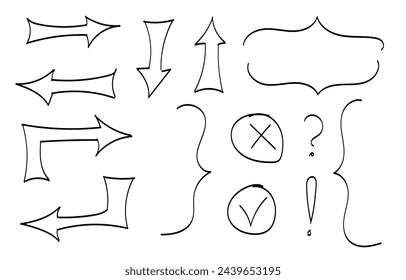 Hand drawn arrows, scribble, squiggles, curly lines, doodles drawn with a brush. Vector graphic scribble elements