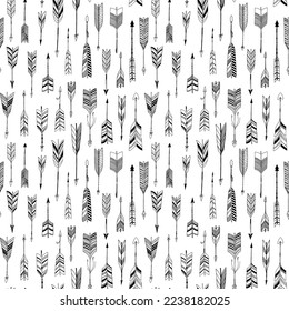 Hand drawn arrows seamless patter. Black and white vector artistic elements. Pen drawn simple arrows in boho style. Abstract pen drawing seamless texture. Doodle, native and tribal style.