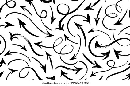 Hand drawn arrows seamless pattern. Vector black arrows collection. Sketchy design, doodle shapes in grunge style. Curved and swirl lines. Squiggly brush drawn strokes. 