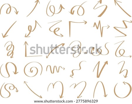 Hand drawn arrows set, 25 doodle symbols, sketch style vector