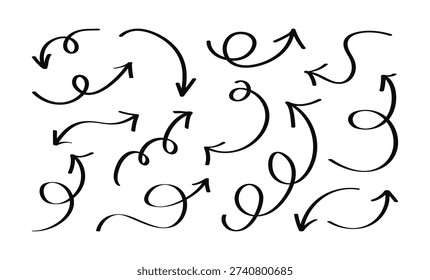 Hand drawn Arrows set. Black white sketch design for business, education, poster, banner. Vector doodle icons with calligraphic brush