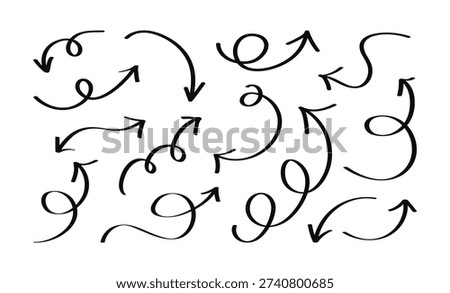 Hand drawn Arrows set. Black white sketch design for business, education, poster, banner. Vector doodle icons with calligraphic brush