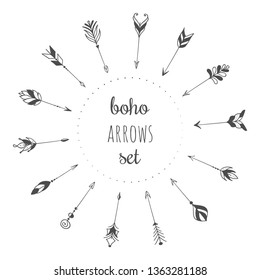 Hand drawn arrows set in boho style. Decoration for banners, posters, frames etc. Vector illustration. Isolated on white background.