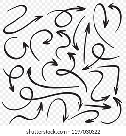 Hand drawn arrows set. Cartoon arrow pointers. Direction pointer doodles sketch, black ink curves up and down, left or right doodle outline way marker. Grunge vector isolated icons set