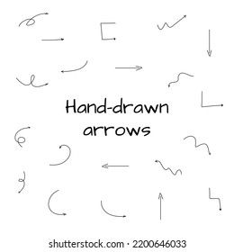 Hand drawn arrows set. Collection of vector doodle arrows in different shapes and directions.