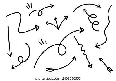 Conjunto de flechas dibujadas a mano, colección de símbolos de esbozo de lápiz de dirección negra, elementos de diseño gráfico de ilustración vectorial