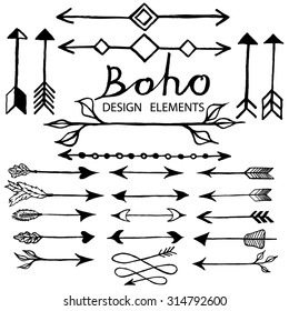 Hand drawn arrows set. Collection of boho doodle design elements. Hand drawn vector illustration.
