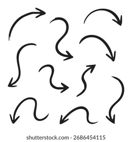 Conjunto de flechas dibujadas a mano Recurso de diseño Flechas negras que apuntan en diferentes direcciones Flecha curvy Ilustraciones Colección