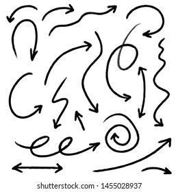 Hand drawn arrows set, different directions symbols. Doodle and sketch style.