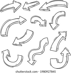 Hand drawn arrows set. Doodle elements collection. Curve arrow sketch. Down, up, right and left direction. Twist, swirl arrow. Sketchy scribble design. Pointer arrows. Vector isolated illustration.