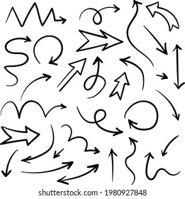 Hand drawn arrows set. Doodle elements collection. Curve arrow sketch. Down, up, right and left direction. Twist, swirl arrow. Sketchy scribble design. Pointer arrows. Vector isolated illustration.