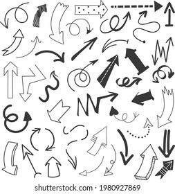Arcos dibujados a mano. Colección de elementos Doodle. Esbozo de flecha de curva. Abajo, arriba, a la derecha y a la izquierda. Giro, flecha giratoria. Diseño de garabatos esquemáticos. Flechas de puntero. Ilustración aislada del vector.
