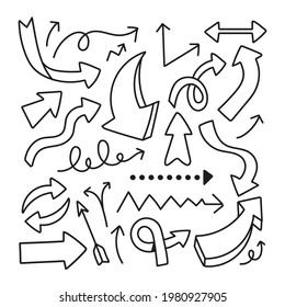 Hand drawn arrows set. Doodle elements collection. Curve arrow sketch. Down, up, right and left direction. Twist, swirl arrow. Sketchy scribble design. Pointer arrows. Vector isolated illustration.