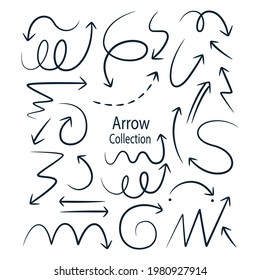 Hand drawn arrows set. Doodle elements collection. Curve arrow sketch. Down, up, right and left direction. Twist, swirl arrow. Sketchy scribble design. Pointer arrows. Vector isolated illustration.