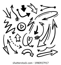 Hand drawn arrows set. Doodle elements collection. Curve arrow sketch. Down, up, right and left direction. Twist, swirl arrow. Sketchy scribble design. Pointer arrows. Vector isolated illustration.