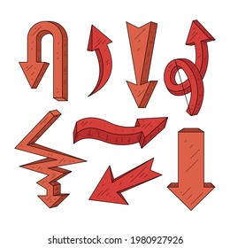 Arcos dibujados a mano. Colección de elementos Doodle. Esbozo de flecha de curva. Abajo, arriba, a la derecha y a la izquierda. Giro, flecha giratoria. Diseño de garabatos esquemáticos. Flechas de puntero. Ilustración aislada del vector.