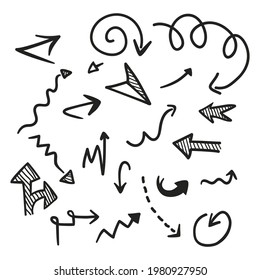 Arcos dibujados a mano. Colección de elementos Doodle. Esbozo de flecha de curva. Abajo, arriba, a la derecha y a la izquierda. Giro, flecha giratoria. Diseño de garabatos esquemáticos. Flechas de puntero. Ilustración aislada del vector.