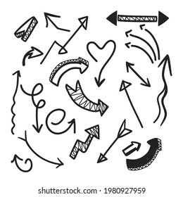 Hand drawn arrows set. Doodle elements collection. Curve arrow sketch. Down, up, right and left direction. Twist, swirl arrow. Sketchy scribble design. Pointer arrows. Vector isolated illustration.