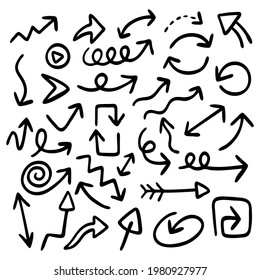 Arcos dibujados a mano. Colección de elementos Doodle. Esbozo de flecha de curva. Abajo, arriba, a la derecha y a la izquierda. Giro, flecha giratoria. Diseño de garabatos esquemáticos. Flechas de puntero. Ilustración aislada del vector.