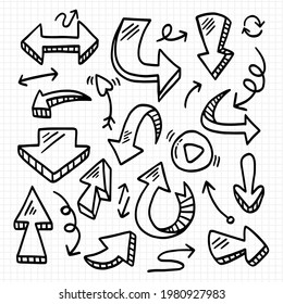 Arcos dibujados a mano. Colección de elementos Doodle. Esbozo de flecha de curva. Abajo, arriba, a la derecha y a la izquierda. Giro, flecha giratoria. Diseño de garabatos esquemáticos. Flechas de puntero. Ilustración aislada del vector.