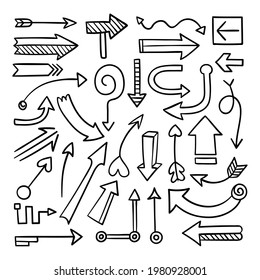 Hand drawn arrows set. Doodle elements collection. Curve arrow sketch. Down, up, right and left direction. Twist, swirl arrow. Sketchy scribble design. Pointer arrows. Vector isolated illustration.