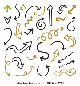 Hand drawn arrows set. Doodle elements collection. Curve arrow sketch. Down, up, right and left direction. Twist, swirl arrow. Sketchy scribble design. Pointer arrows. Vector isolated illustration.