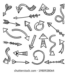 Hand drawn arrows set. Doodle elements collection. Curve arrow sketch. Down, up, right and left direction. Twist, swirl arrow. Sketchy scribble design. Pointer arrows. Vector isolated illustration.