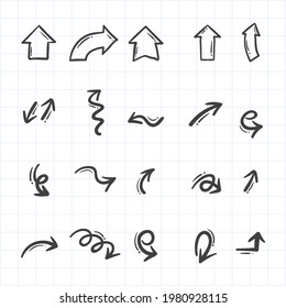 Hand drawn arrows set. Doodle elements collection. Curve arrow sketch. Down, up, right and left direction. Twist, swirl arrow. Sketchy scribble design. Pointer arrows. Vector isolated illustration.