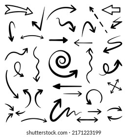 Hand drawn arrows set. Doodle style curved arrows. Set of arrow icons