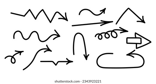 Hand drawn arrows set. Doodle, cartoons arrows. Hand drawn freehand different curved lines, swirls arrows